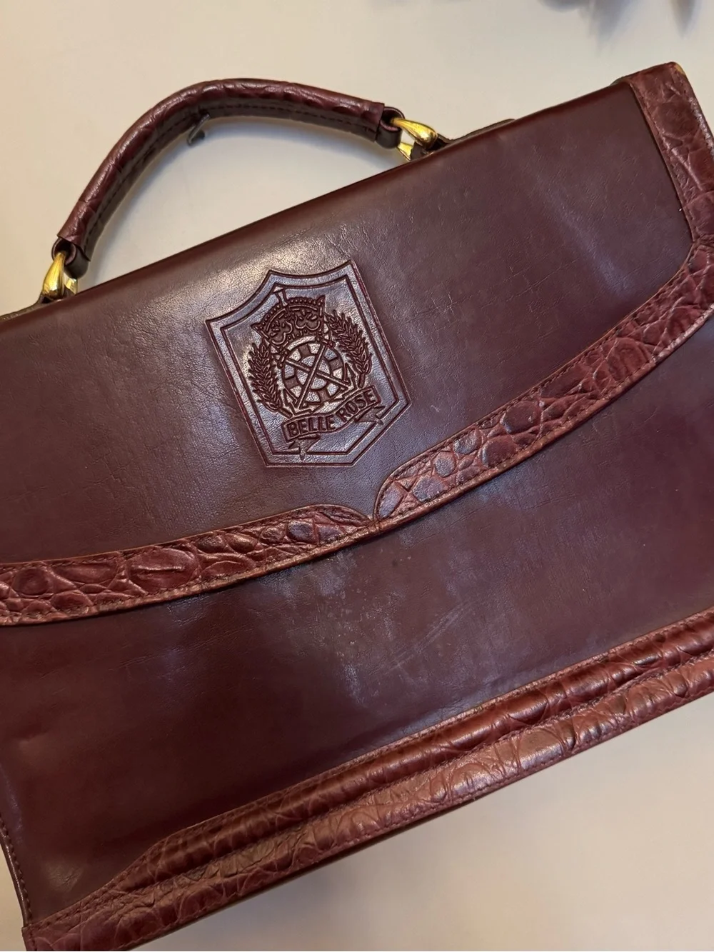 Vintage Belle Rose Burgundy Leather Briefcase Satchel Bag Croc Embossed Trim 80s
